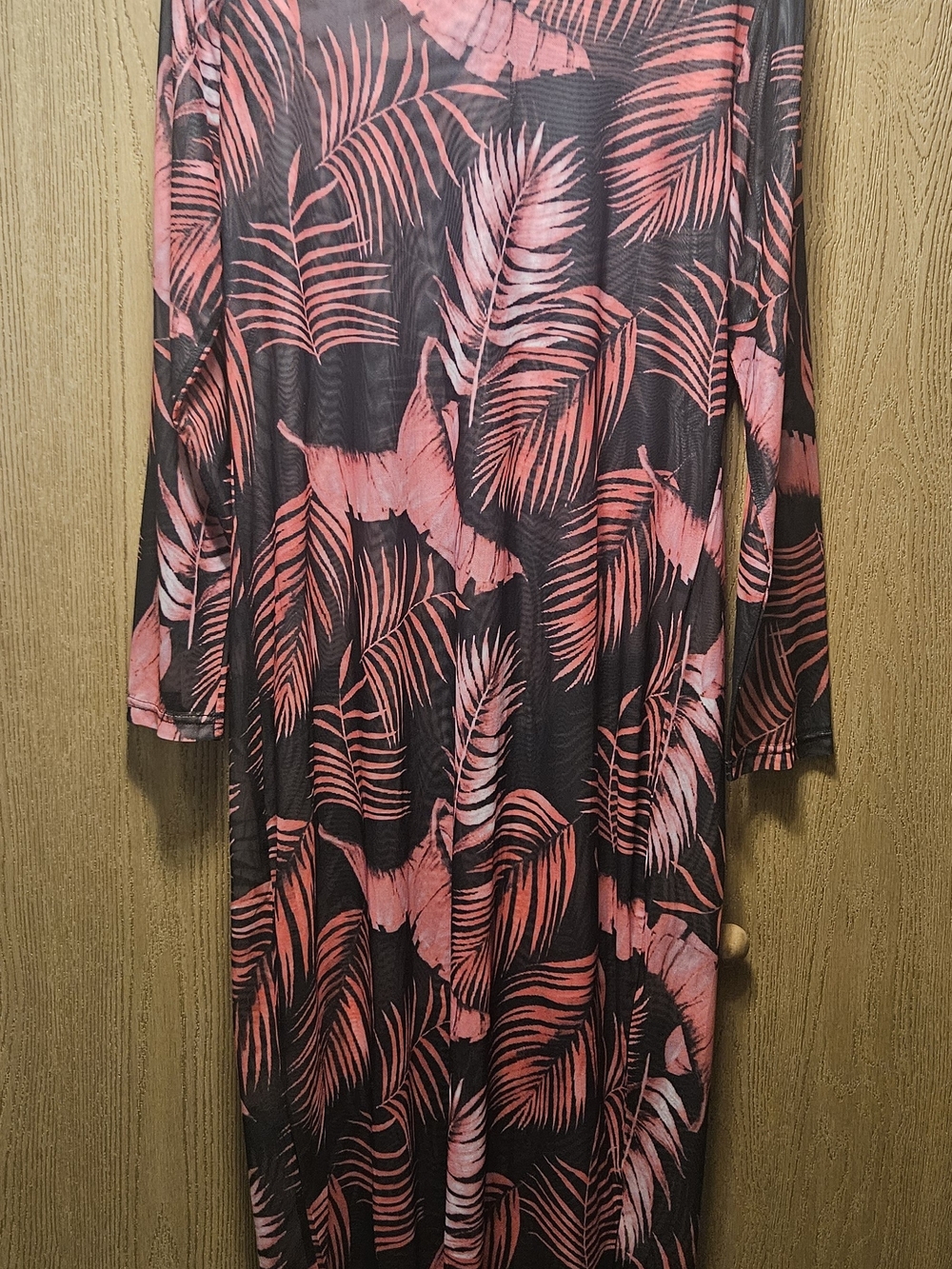 SHEIN Black Dress with Pink Leaf Print Long Sleeve Sheer.